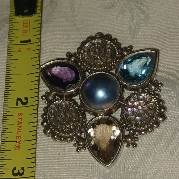 Stephen Dweck Vintage Multi-Stone Flower Motif Brooch, Sterling Silver - Picture 9 of 9